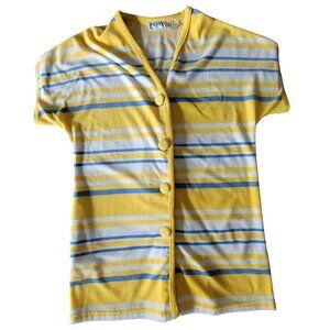 Vintage SPA Yellow Blue Striped Med Button Up Short Sleeve Terry Swim Beach Cove